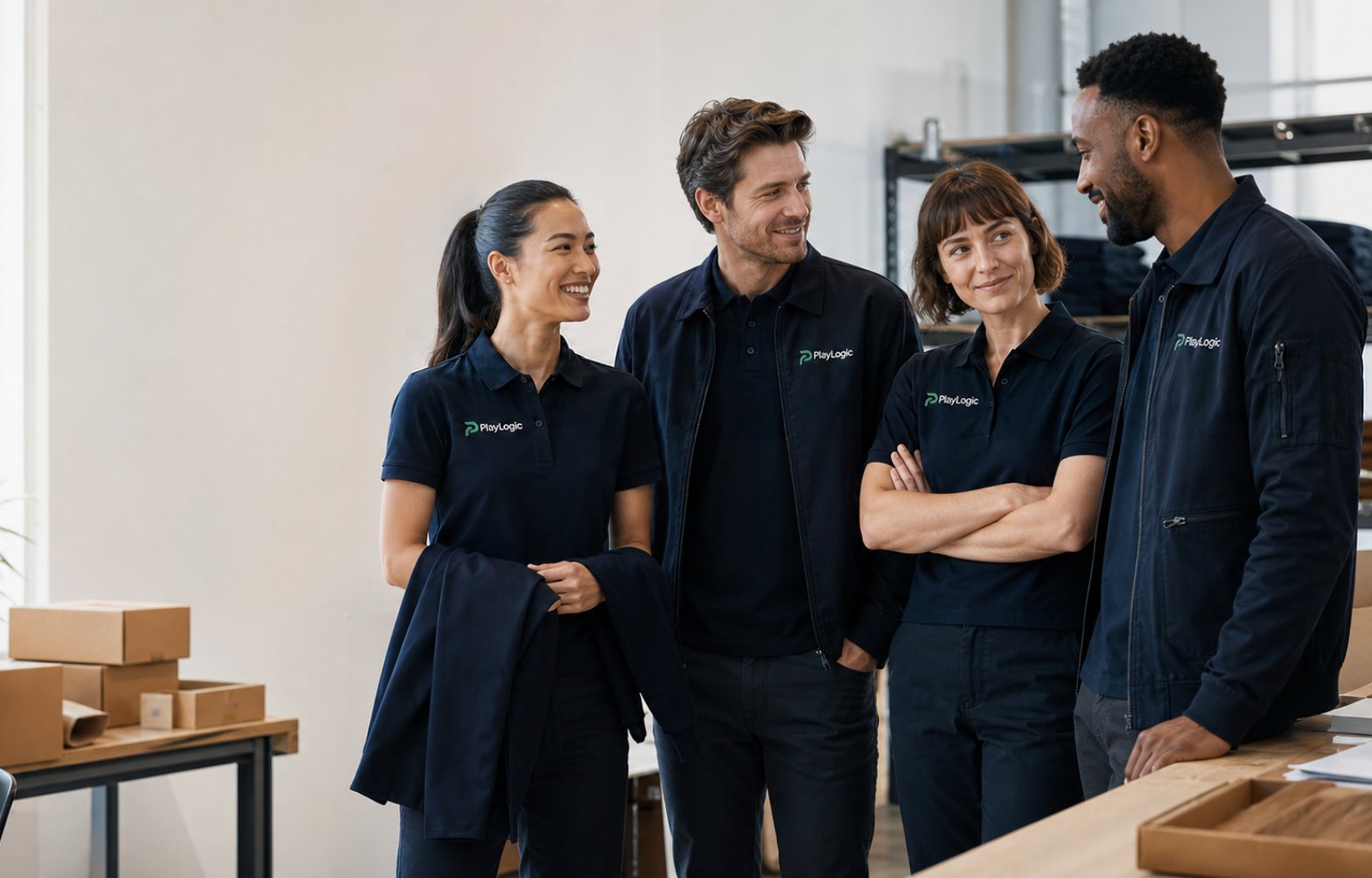 Four team members wearing coordinated navy PlayLogic polos and jackets